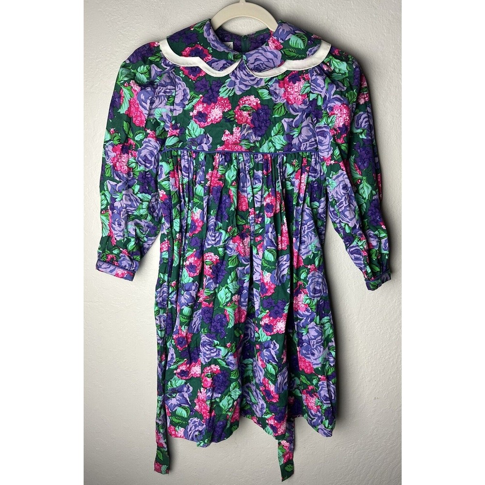 Vintage Cary San Francisco Girl's Prairie Vibrant Floral Dress Size 6X Collar